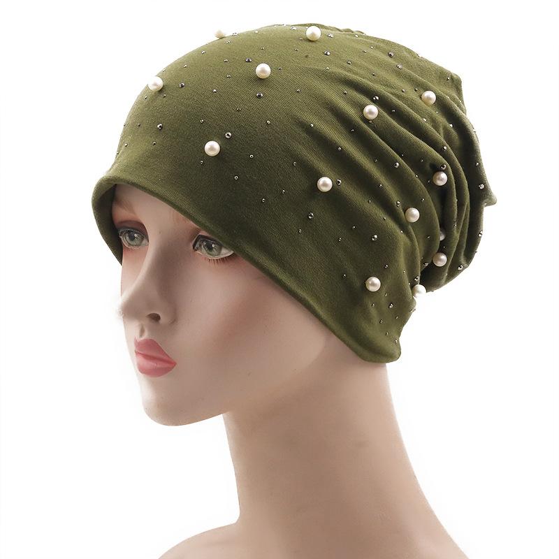 European and American women's autumn and winter new warm brimless hot diamond pearl monochrome pullover hat dome printing outdoor stacking hat