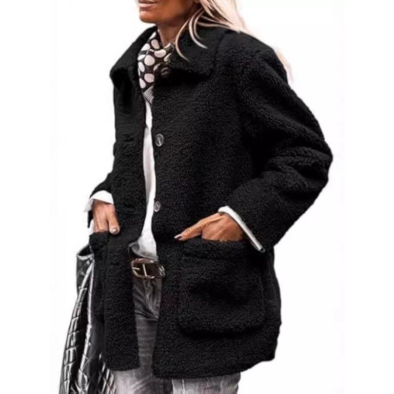 Lamb Wool Coat for Women Long Sleeves Turndown Collar  Medium Length Cotton Jacket Solid Color Warm Comfortable Autumn and Winter