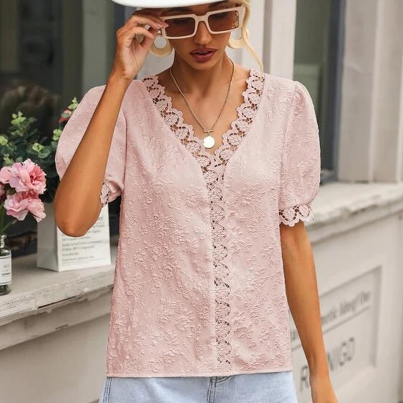 Summer Short Sleeve Tops Jacquard V-neck Lace Women Blouses Casual Hollow Elegant White Shirt Solid Vintage Korean Shirts 25718
