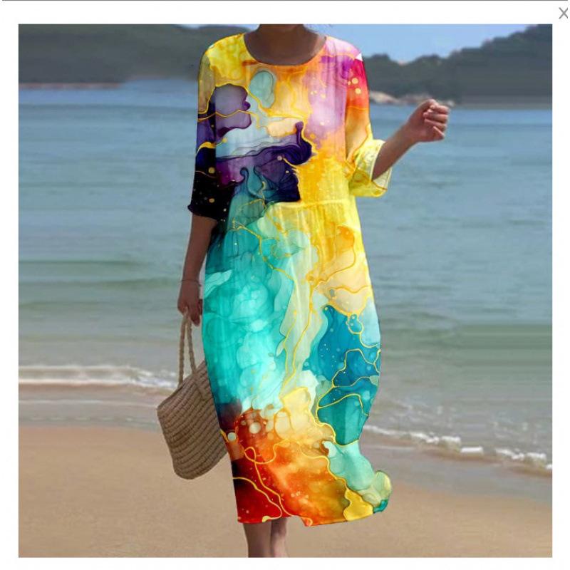 Women's Round Neck 3/4 Sleeve Midi Dress Casual Loose Solid Color Beach Vacation Long Dress