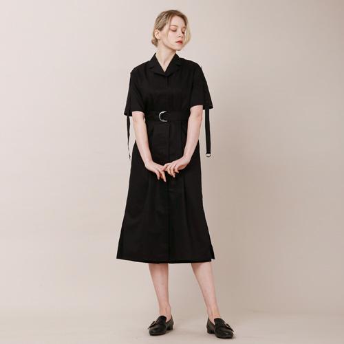 WUNDER GEIST Tailored Collar Short Sleeve Strap Long Dress (Black)