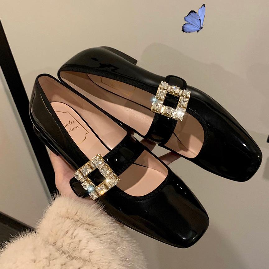 rhinestone buckle mary janes shoes woman japanned leather & flock ballet flats 41-43 big size ankle belt loafers for women