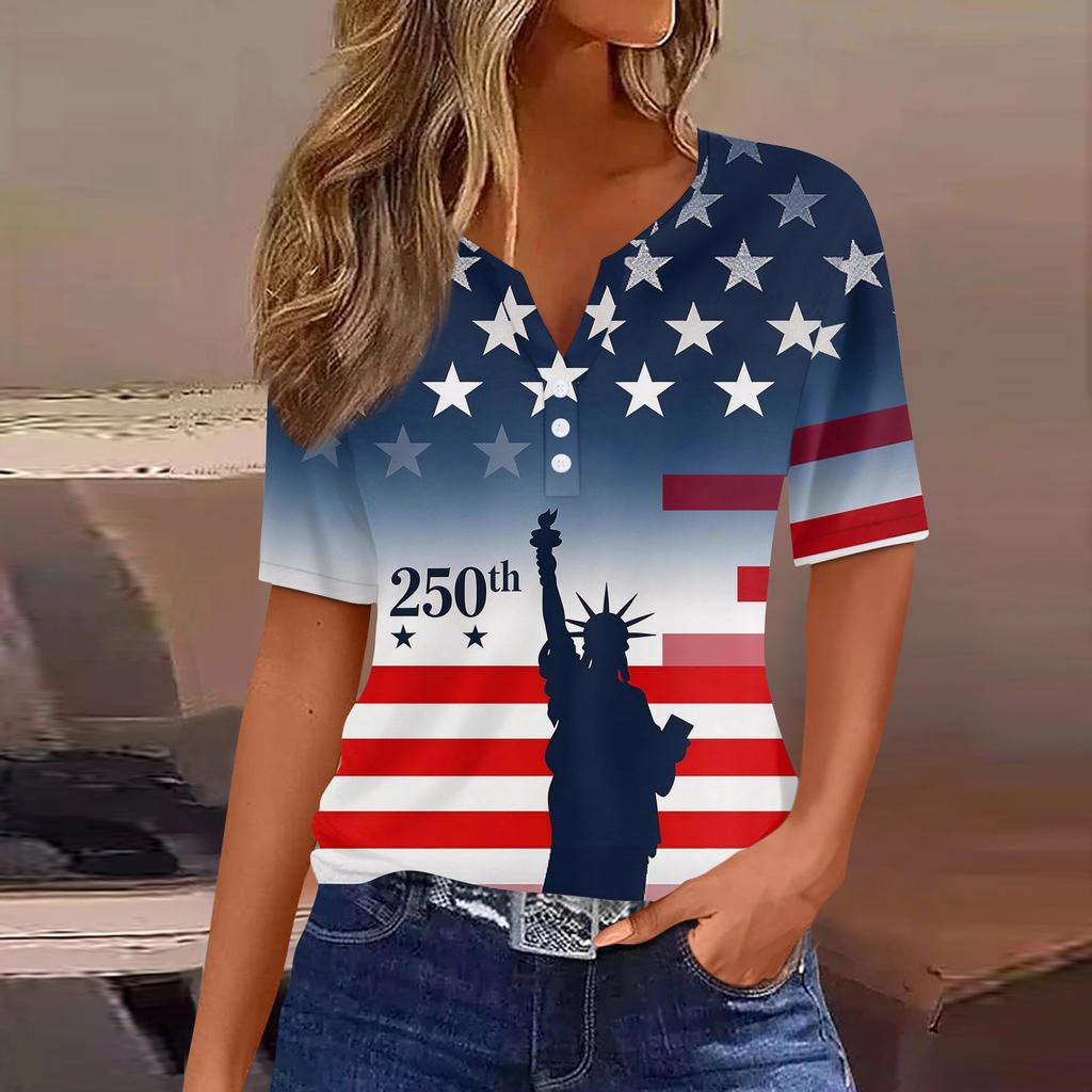 Damen-T-Shirt mit Aufdruck „Unabhängigkeitstag“ und Knopfleiste, kurzärmelig, für den Alltag und das Wochenende, modisch, Basic, V-Ausschnitt, normales Oberteil