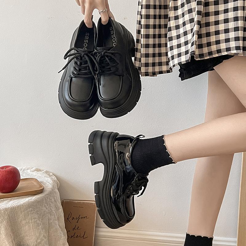 Black British style platform with skirt and small leather shoes for women's early spring new heightening retro versatile Japanese jk single shoes