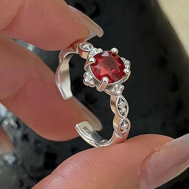 

BF CLUB 925 Sterling Rings for Women Simple Geometric Handmade Irregular Retro Ring Red Stone Allergy For Birthday Gift resizable
