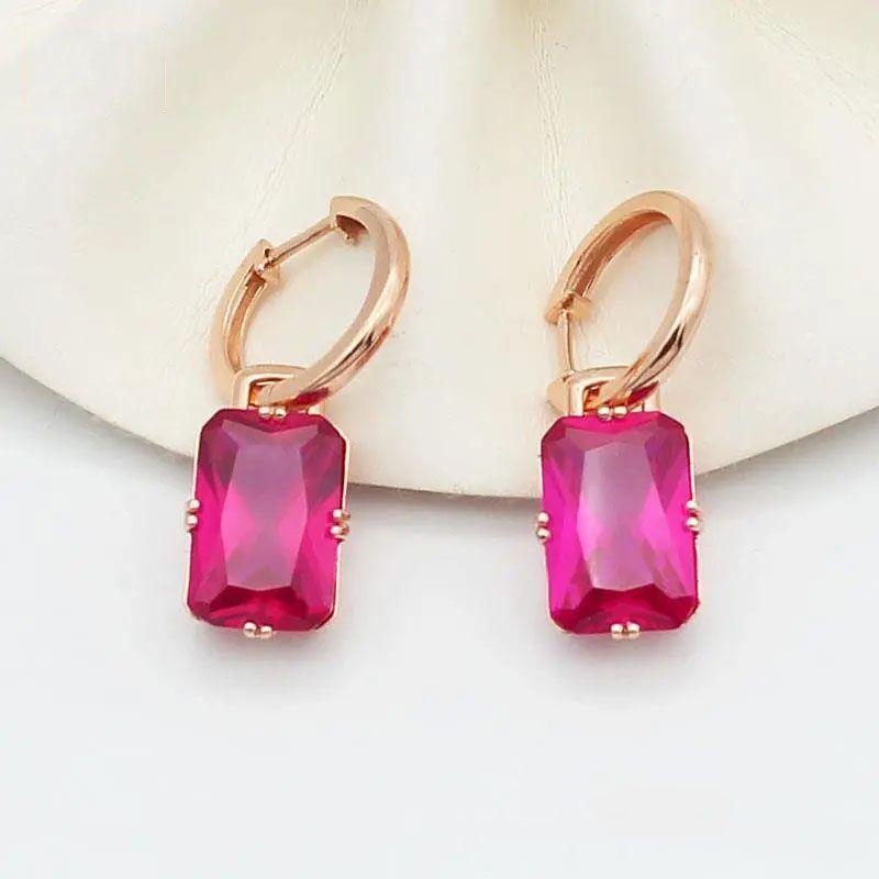 Purple Gold Square Earrings With Redstone Geometric Earrings Rose Gold Plated Sweet Jewelry Women
