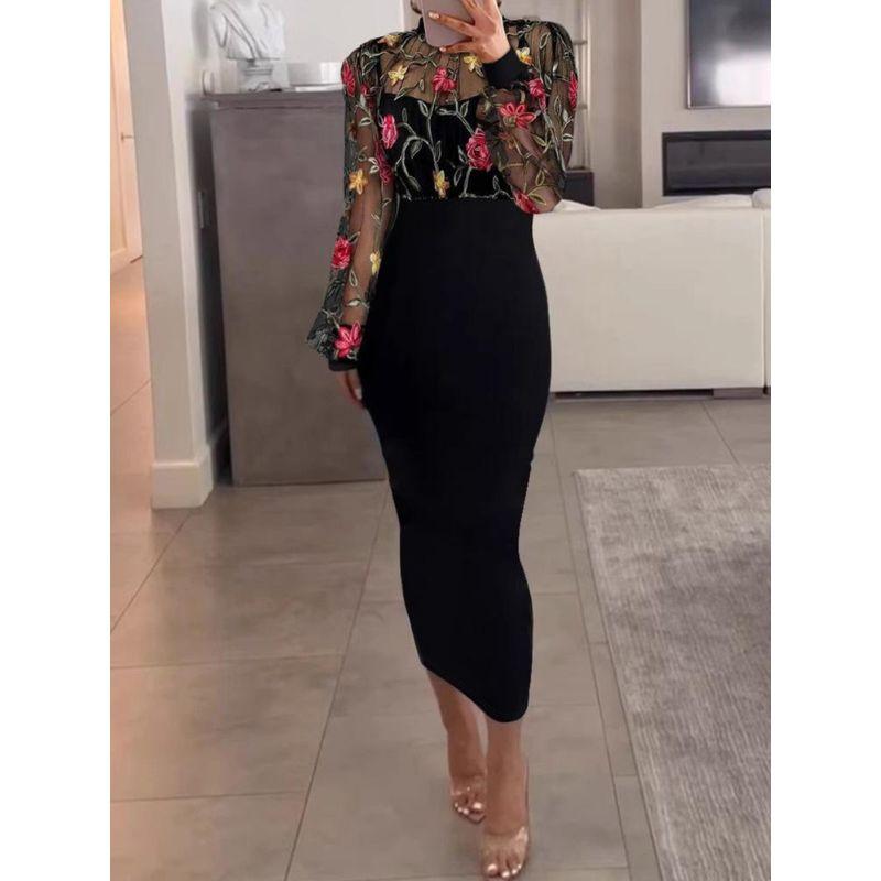 Rose Embroidery Mesh Patchwork Long Sleeve Temperament Elegant Dress Embroidered Mesh Dress
