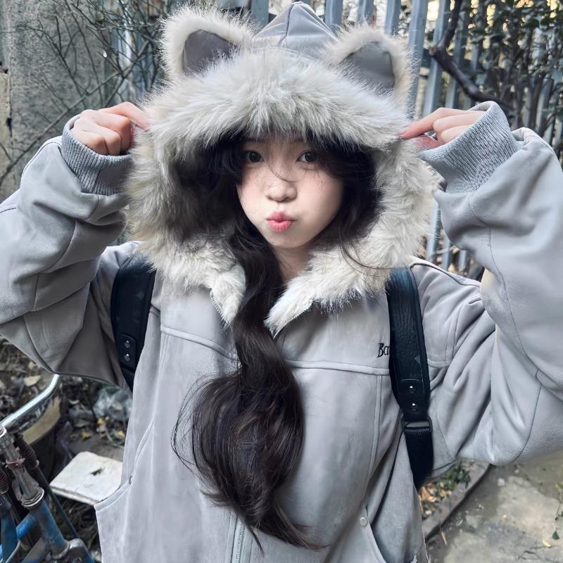 Abbigliamento in cotone con cappuccio e colletto in pelliccia con orecchie da gatto intagliate in montagna, giacca corta invernale da donna in camoscio e peluche, ispessita