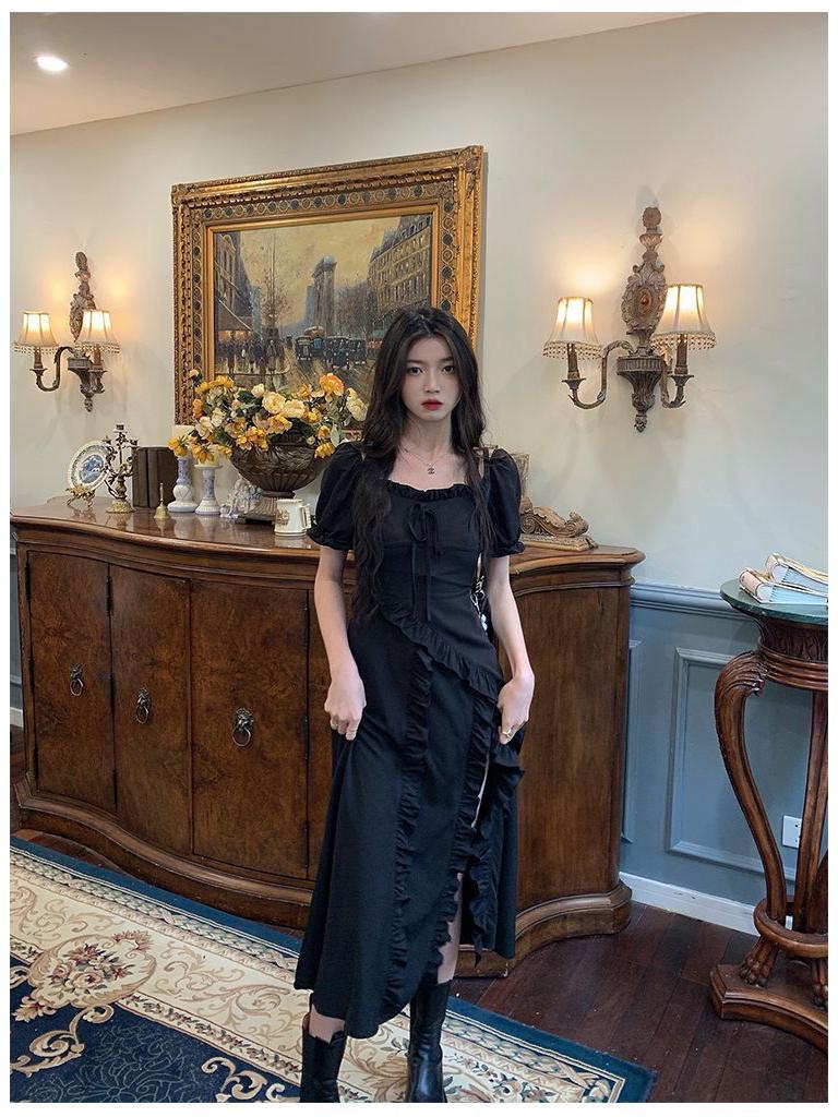 Summer 2024 French Lace Square Collar Slim Fit Slit Dress