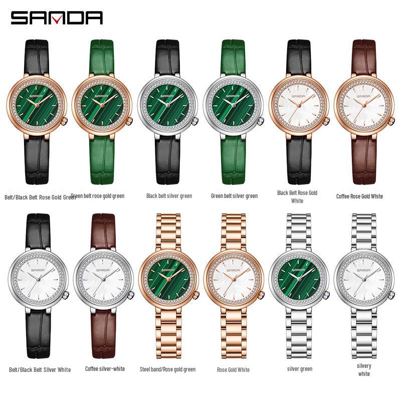Women's Sanda Round Quartz Wristwatch - Elegant, Diamond-Accented, Light Luxury, Waterproof.