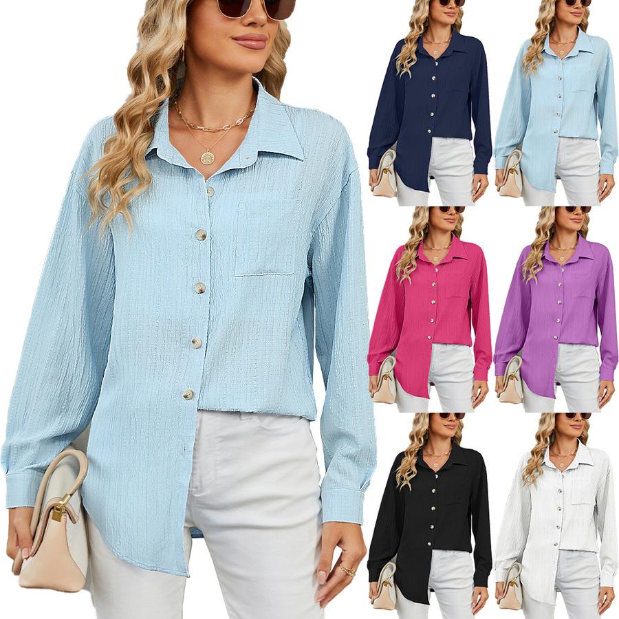 New Women's Casual Loose Long Sleeve Crew Neck Button Solid Color Shirt