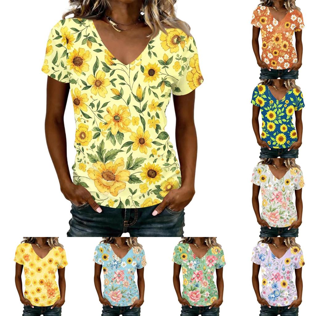 Women V Neck Short Sleeve Floral Print T Shirt Casual Lightweight Top Summer Blouse Soft Fabric Comfortable Fit