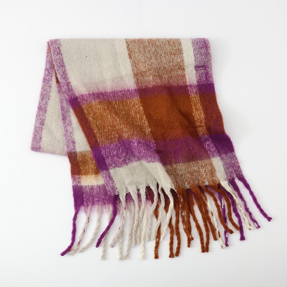 Autumn and winter new rainbow plaid imitation cashmere fringed scarf women's mohair enlarged thick shawl warm scarf