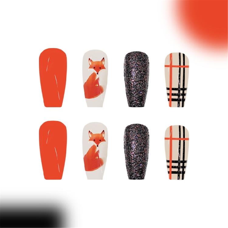 Fall Themed Cute Foxes Press On Nail Glossy Stick On Nail 24 Pieces Thanksgiving False Nail Stylish Manicure Nail Art
