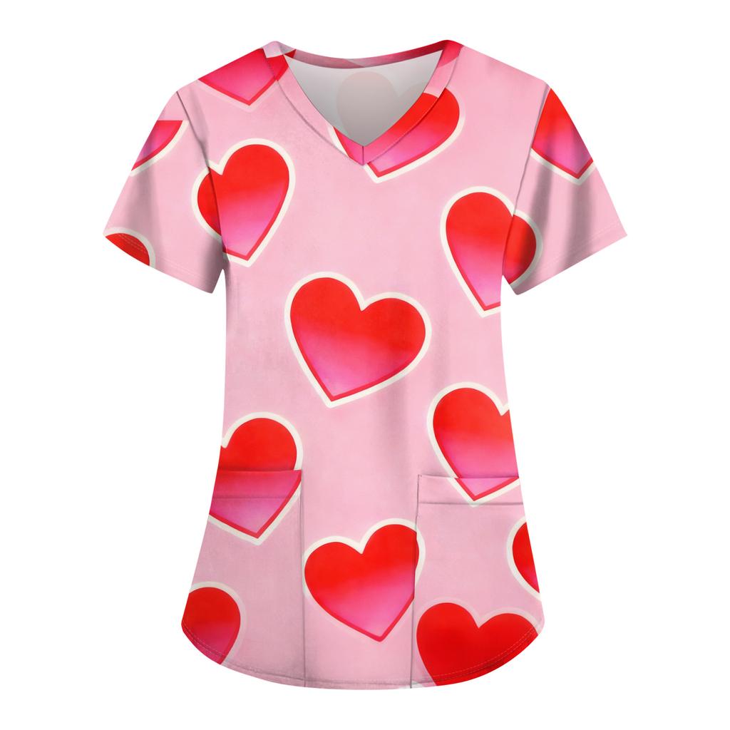 Women's Fashion Printed Short Sleeve V Neck Pattern Tops Pocket Working T-shirts