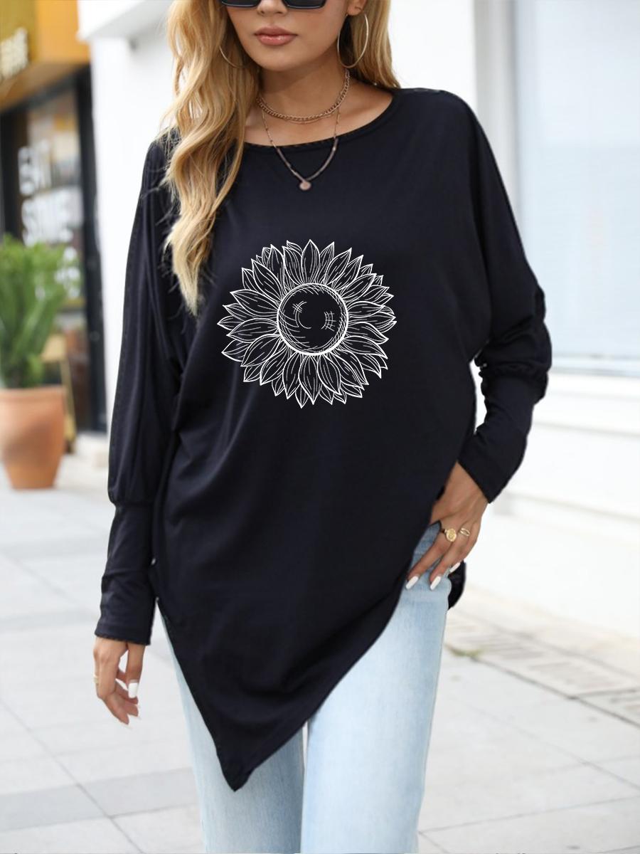 

Women s Spring/Fall Asymmetrical Hem T-Shirt Fashion Printed Logn Sleeve Top Women s Oversize Long-Sleeve S чёрный