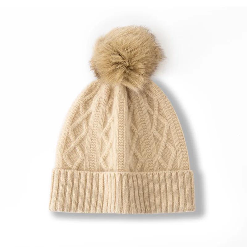 

Women 100% Pure Cashmere Beanie Hat Pom Pom Detail Cable Knit Winter Warm Soft Slouchy Skullies Cap Cold Weather Accessory бежевый