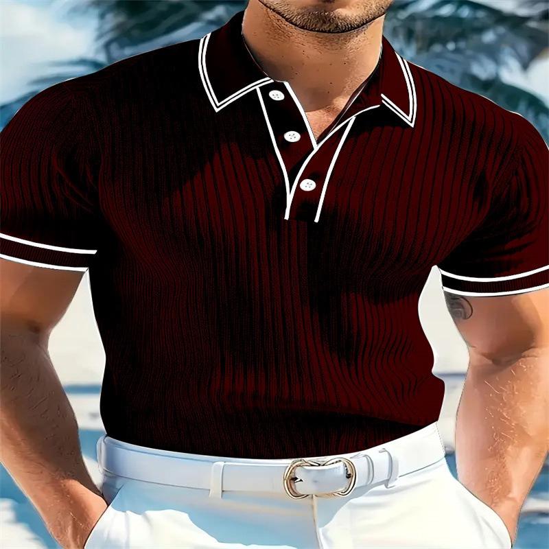 Men's Korean-Style Casual Loose Striped Polo Shirt Solid Color Button Short-Sleeve Pullover Top