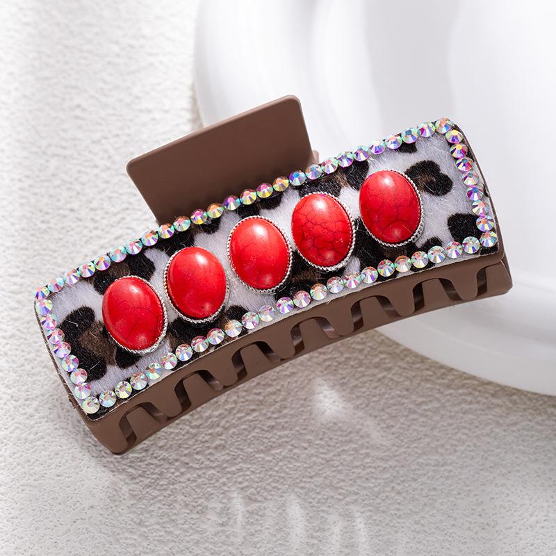 Bohemian Ethnic Style Turquoise Grab Clip Western Style Hairpin Retro Leopard Print Sequined Leather Fashion Disc Hairpin