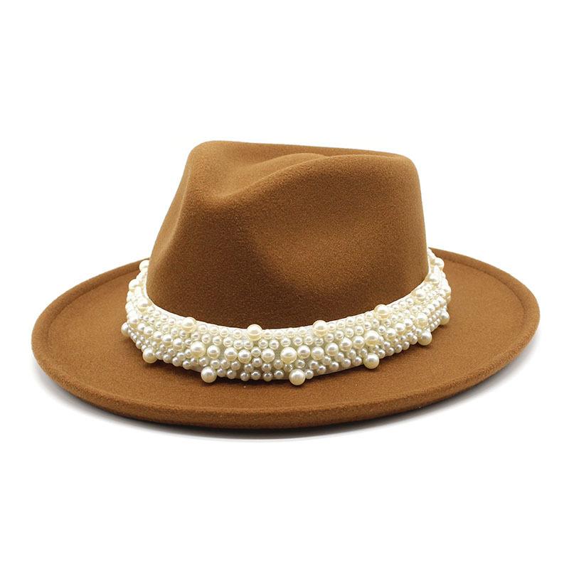 Pearl Wool Top Hat Men'S And Ladies' Jazz Hat Rolled Eaves Big Eaves Hat Tweed Wool Hat