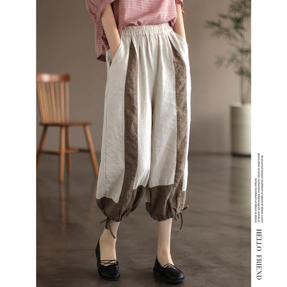 

Женские ретро-брюки-фонарики из хлопка и льна с цветными блоками, повседневные, с манжетами до щиколотки, тонкие, с застежкой-молнией 2XL белый