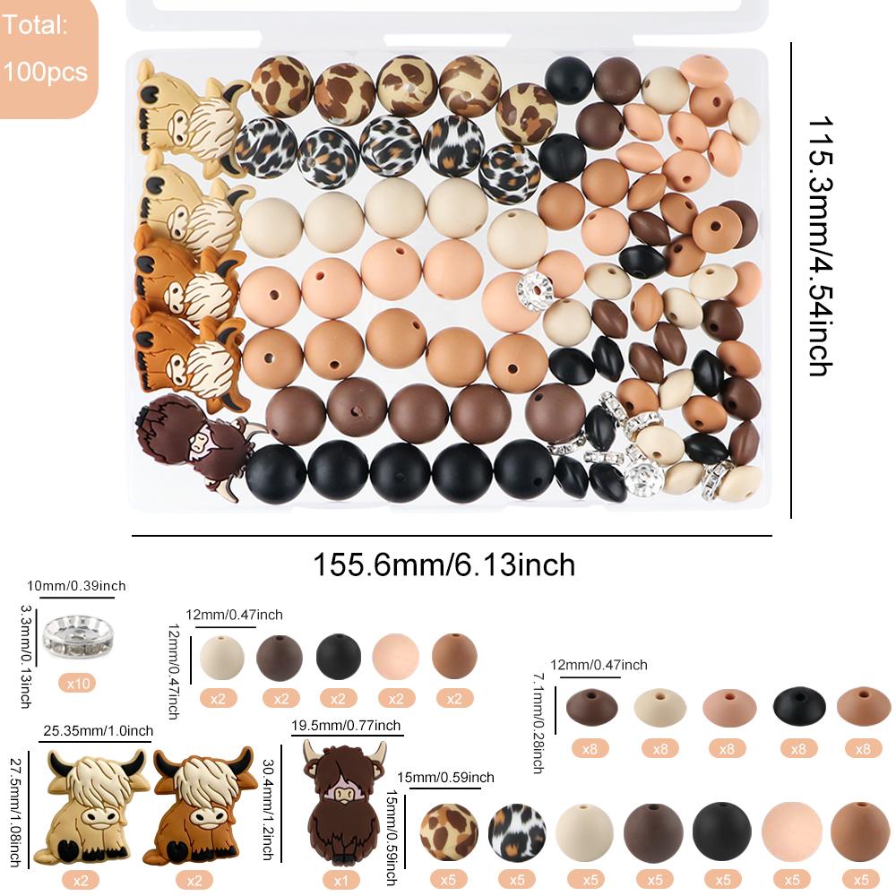 New 100Pcs/Box Yak Cow Silicone Focal Beads Printed Round Lentil Bead Kits DIY Keychain Bracelet Accessories For Jewelry Making