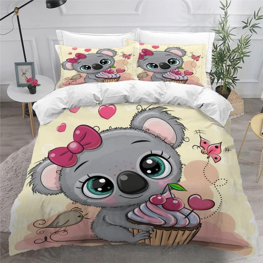 Cute Koala Flowers Pattern Duvet Cover Set,Bedding Set for Kids Girls Comforter Cover with Zipper(1 Duvet Cover+1 Pillow Case)