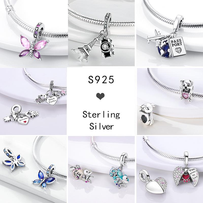 Charms Beads 925 Sterling Copper Pink Butterfly Luminous Firefly Chameleon Heart Charm Fit Original Bracelet DIY Holiday Zircon