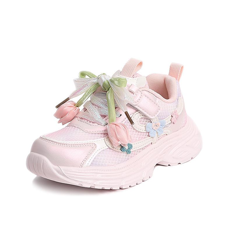 Girls Spring Autumn Mesh Breathable Running Shoes Soft Sole Fashion Flower Dad Sneakers Casual Sports Trainers For Kids