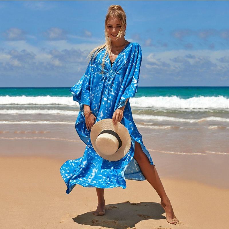 Damen Kleid Bedrucktes Strandkleid Lockeres Übergröße Urlaubs-Bikini-Oberhemd