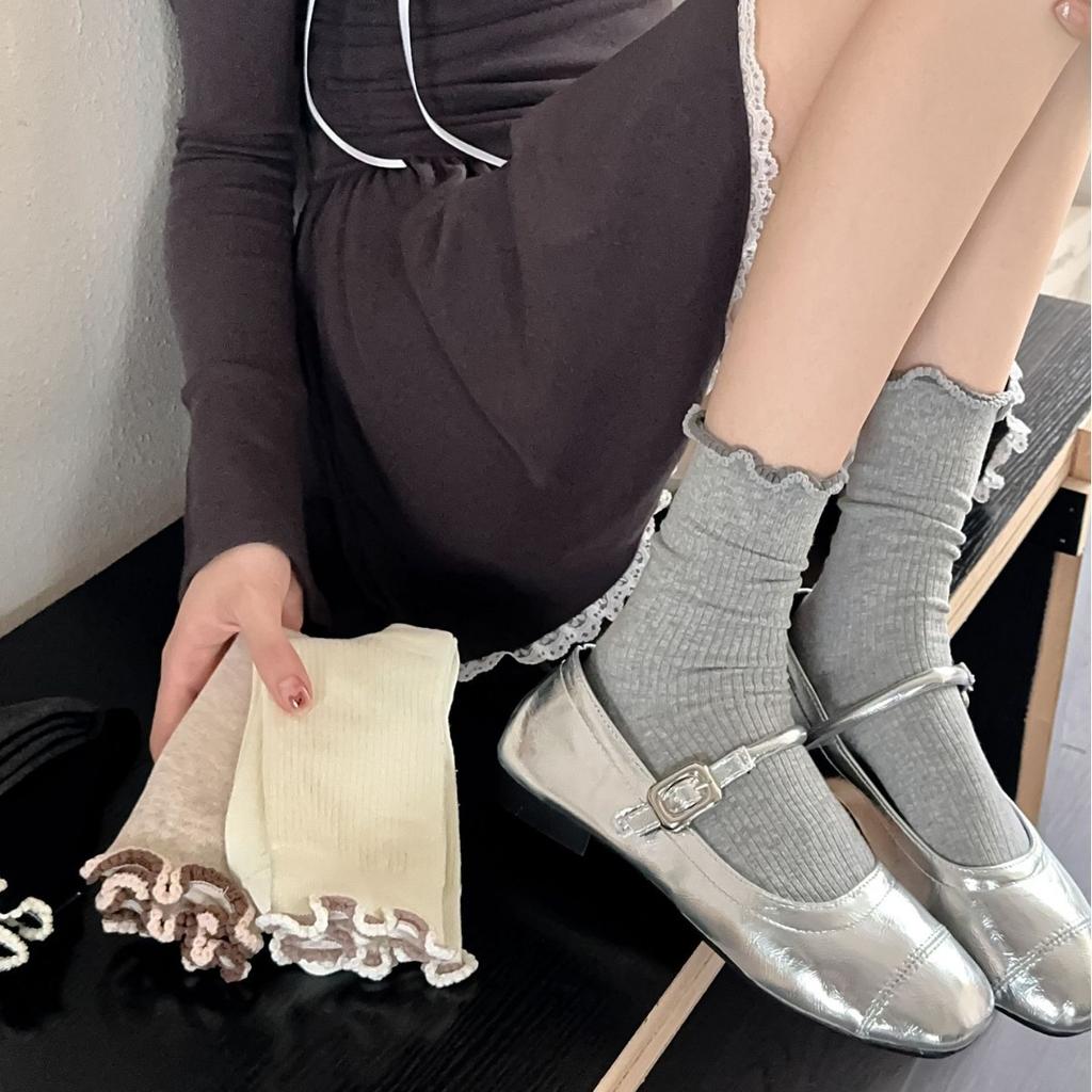 New Products Gentle And Warm Color Stacked Socks For Women Color Blocking Fungus Edge Lace Cotton Socks Boneless Socks
