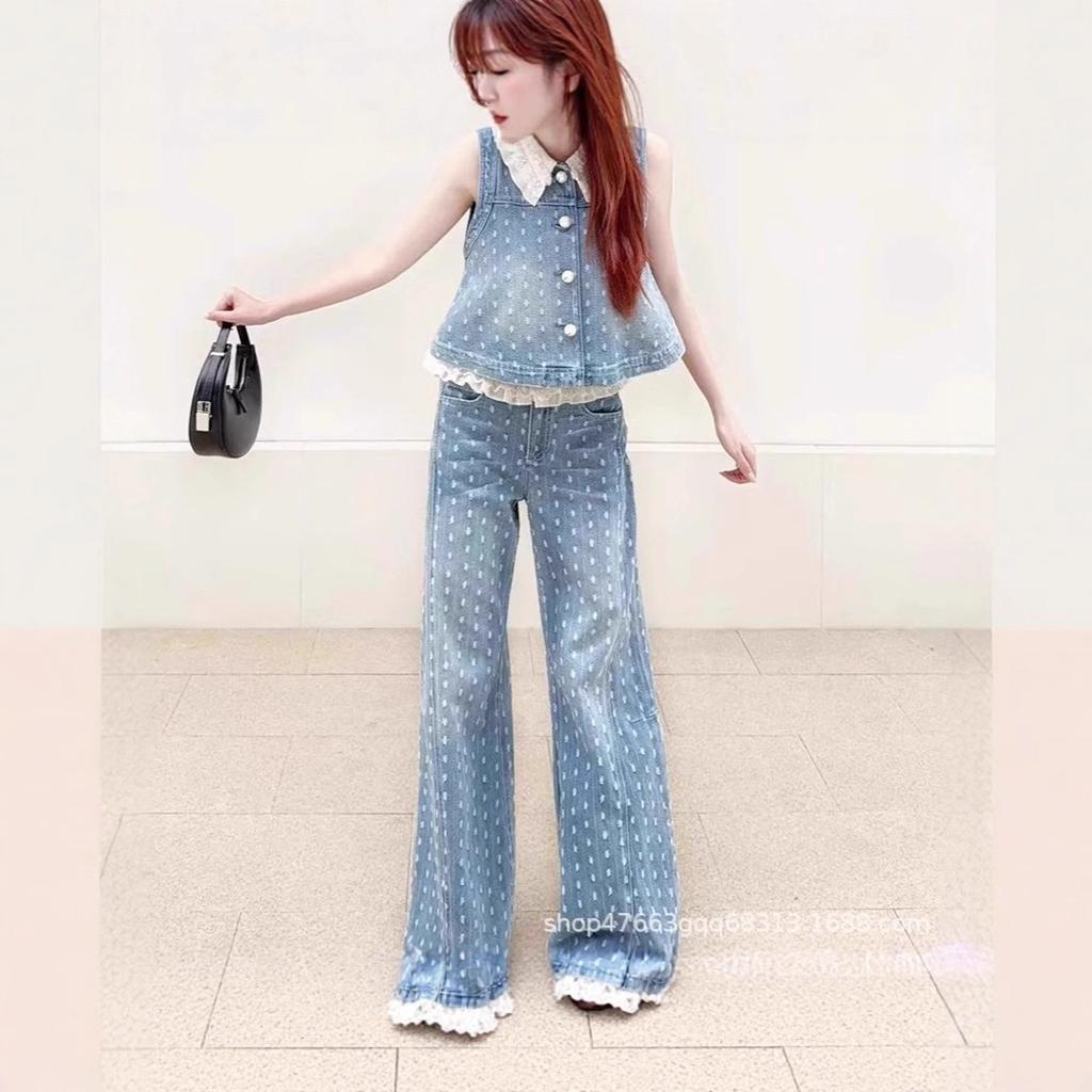 1116 summer new Korean lace lace vest high waist fake two-piece jeans two-piece set small fragrant style set