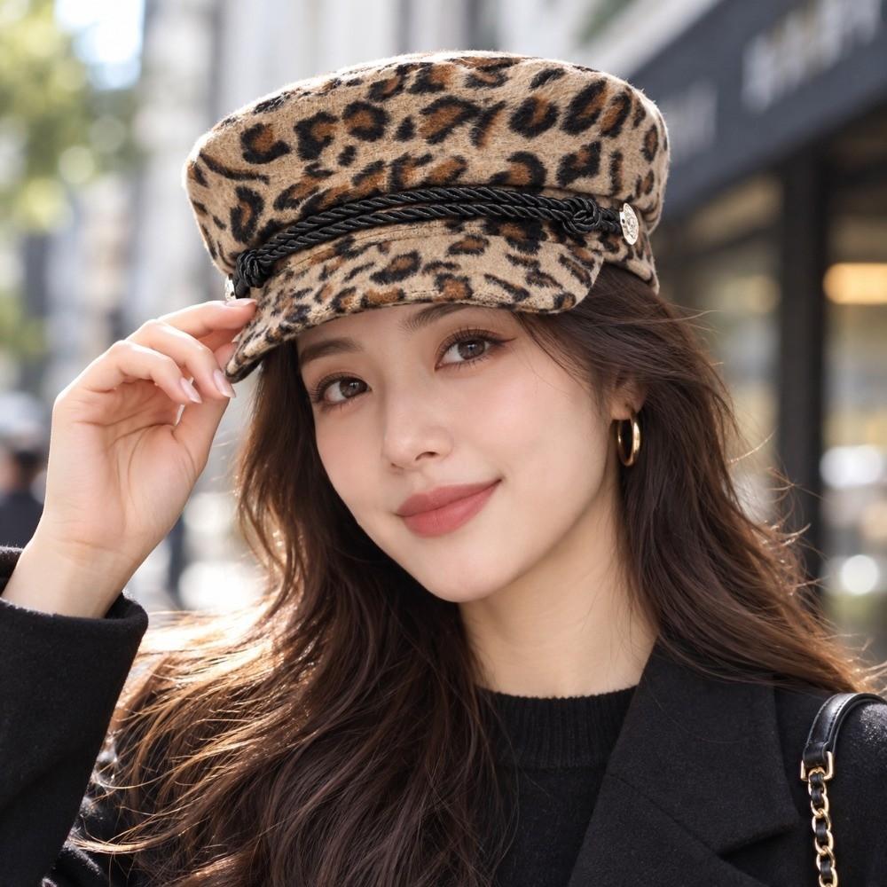 Decorative Button Flat Top Hat Vintage Style Leopard Print Cap Casual Newsboy Beret Hat Party