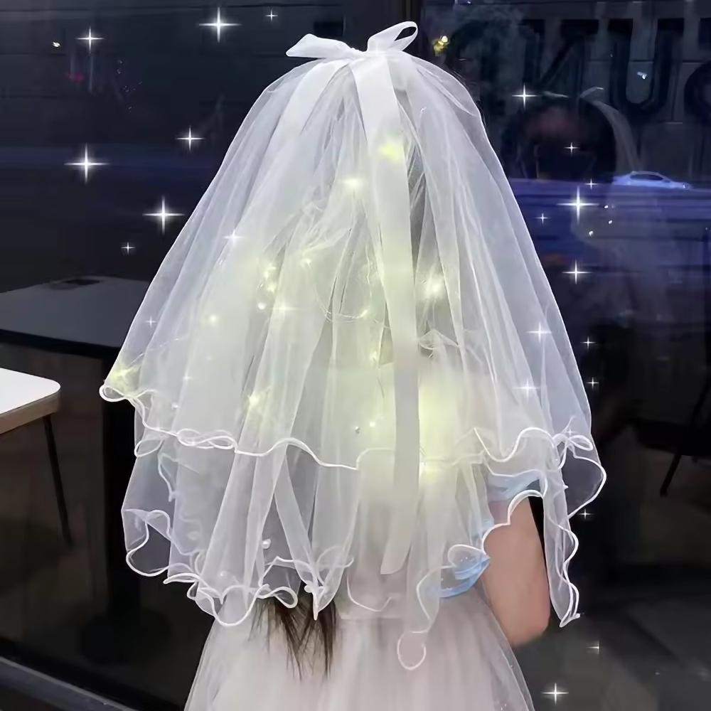 LED Light Bridal Wedding Veil with Pearls/Crowns Wedding Tiara Veil for Props Party Headpieces Decor Glowing flash veil