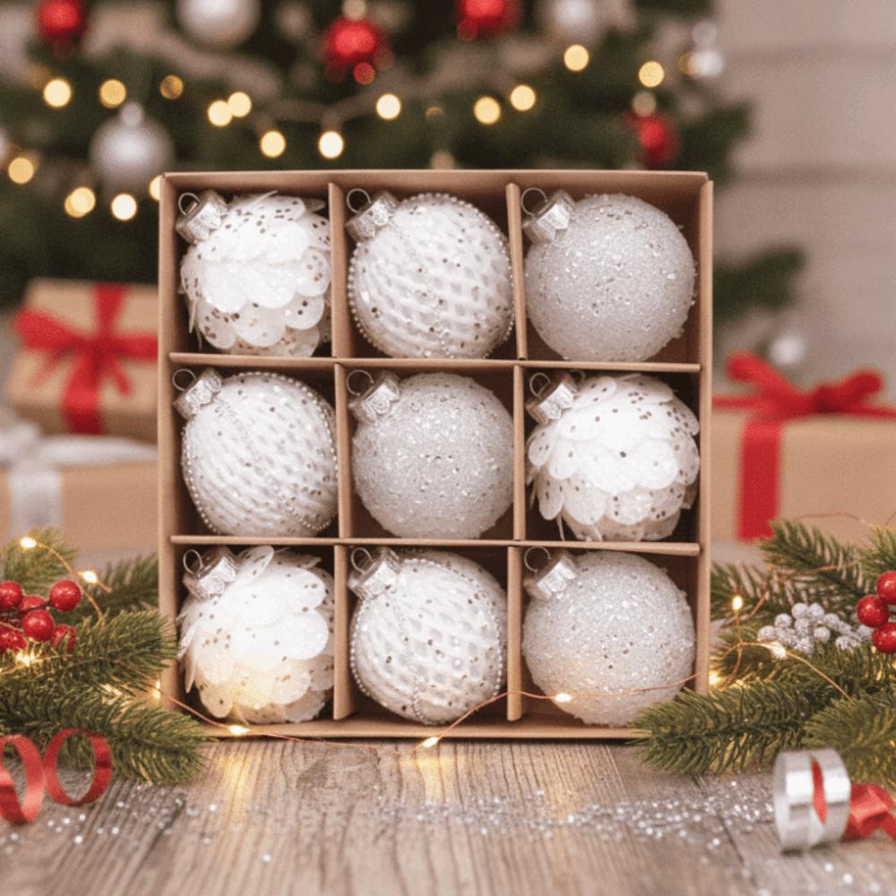 9PCS Glitter Christmas Tree Decorative Ball 8CM Xmas Spheres Pendant Set  Festival Decor