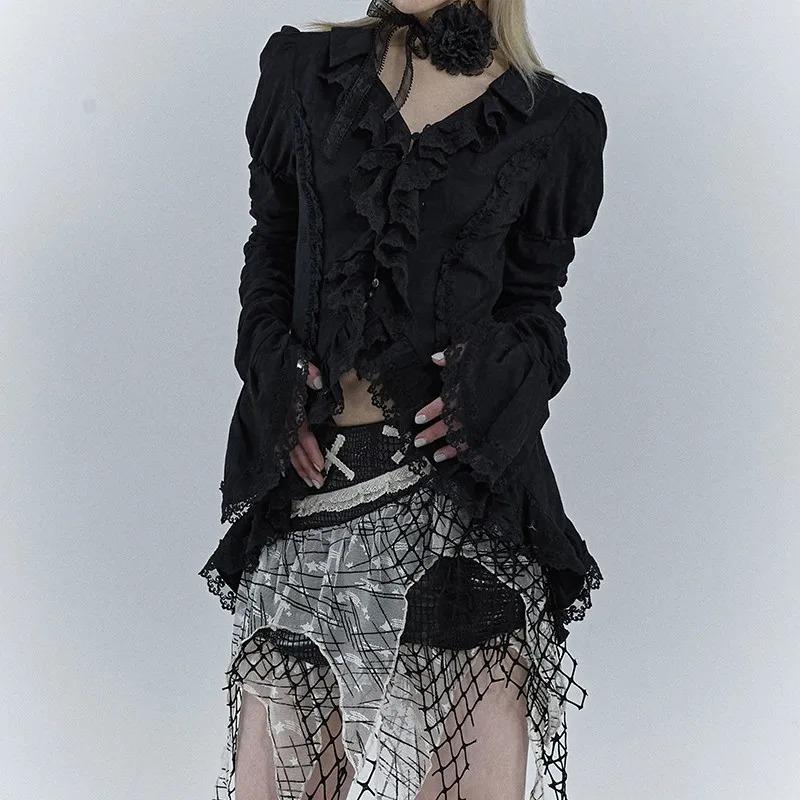 Gothic Black Lace Shirt Dark Aesthetic Irregular Blouses Yamamoto Style Grunge Flare Sleeve V-neck Shirt Vintage Y2k Emo