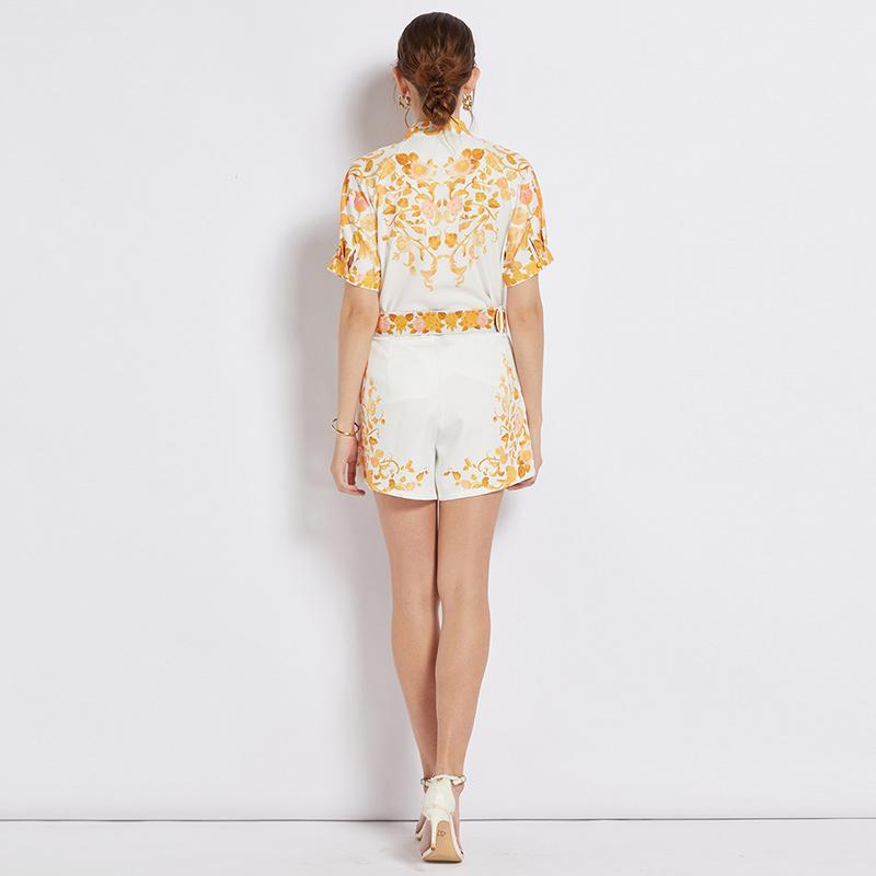 Spring Summer Runway Flower Pant Suit Women Long Sleeve Holiday Floral Print Shirt Top + Pocket Shorts 2 Piece Set