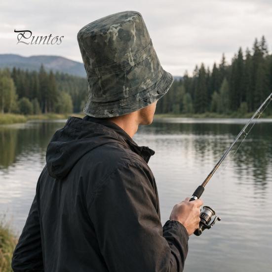 Cappello a Cilindro con Cima a Cupola Stampa Mimetica Cappello a Secchiello, Pescatora Pieghevole con Design Allacciato, Bottoni Automatici Metallici Estivi Parasole per Escursionismo all'Aperto Viaggio Abbigliamento Casual