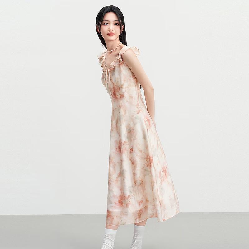 Ledian Tie-dye Pink Floral V-neck Ruffle Hem Long Dress