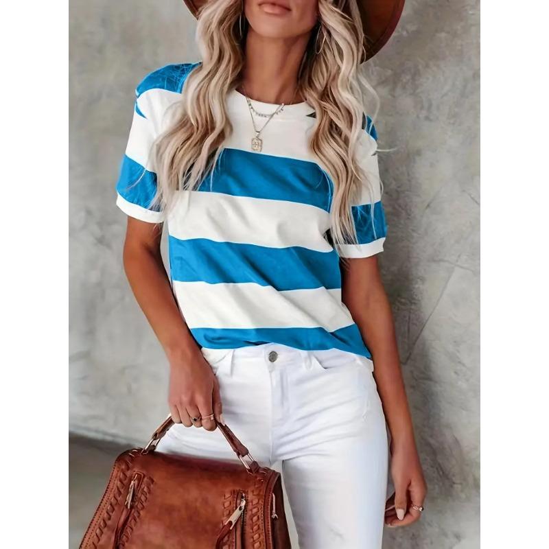Short Sleeve Striped T-Shirt, Crew Neck Casual Top For Summer & Spring, Women's Clothing