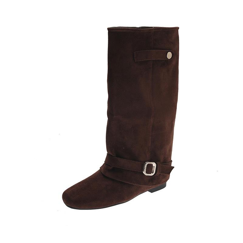 Women's Long Boots Chinese Belt Button Head High Boots New Temperament Knight Boots Autumn Retro Trousers Inner Height Increase