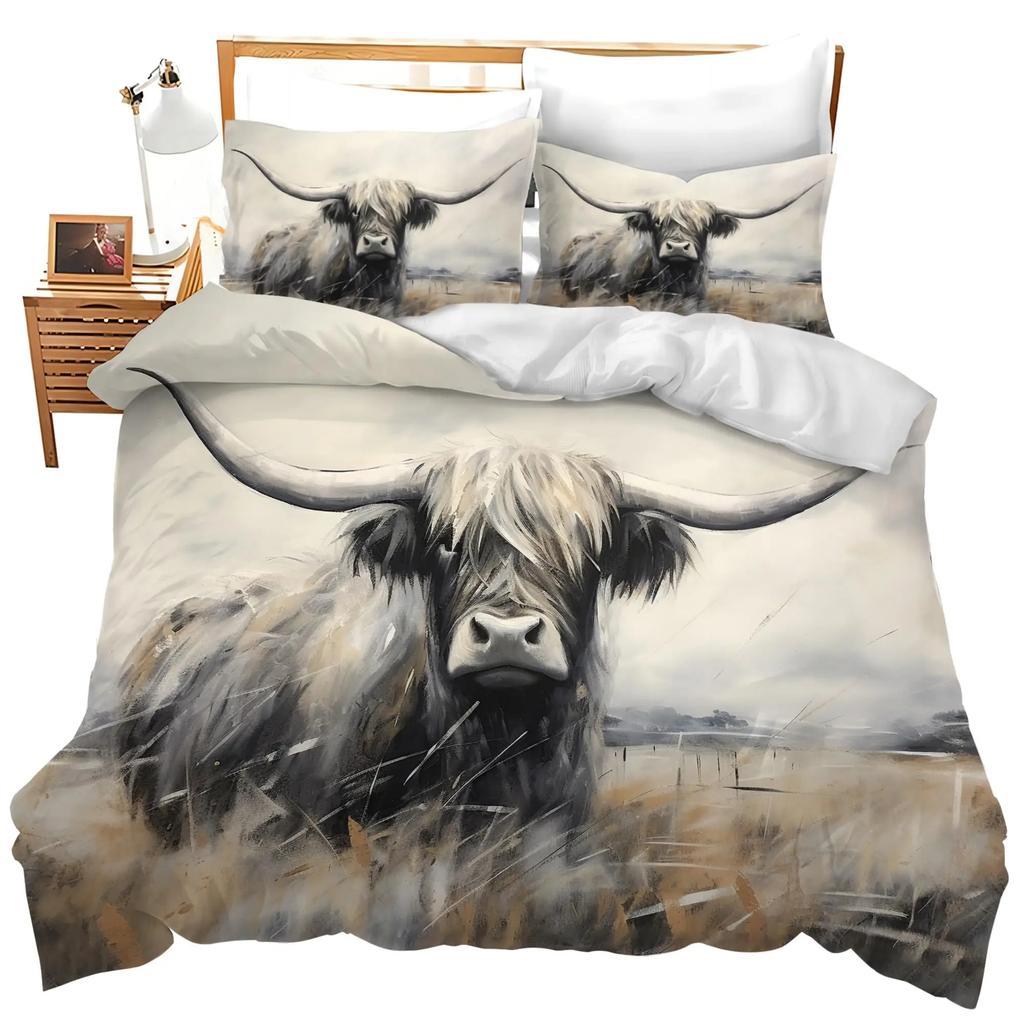 Highland Kuh Bettbezug Set Bauernhaus Wildtier Muster Bettdeckenbezug Sonnenblume Western Kuh Mikrofaser Bedruckte Bettwäsche