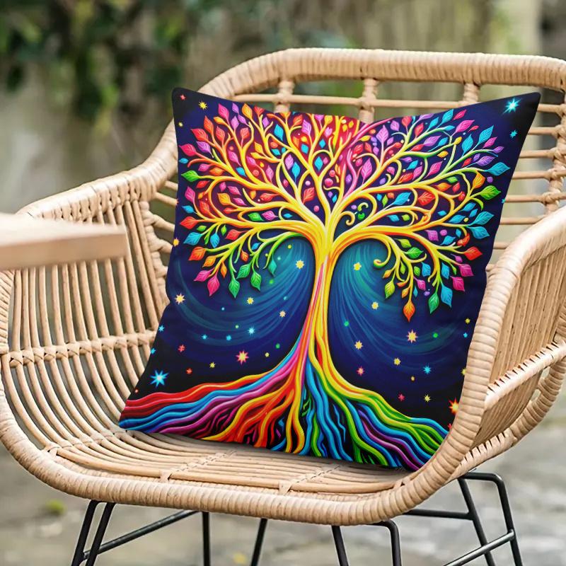 Colorful Tree Of Life Pillow Cover 2D Printed Polyester Sofa Cushion Case For Home, Beach & Camping Decor