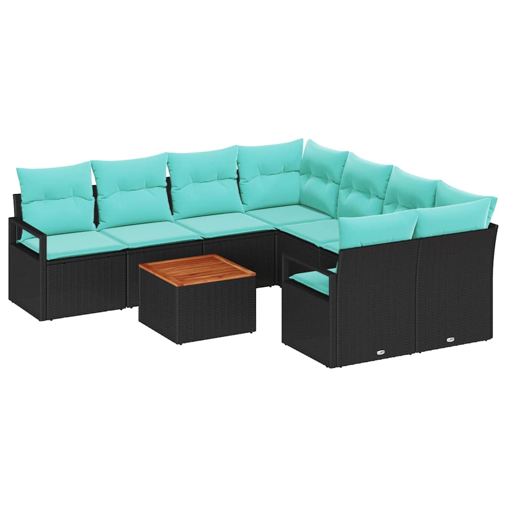 9 Piece Black Garden Sofa Set with Cushions