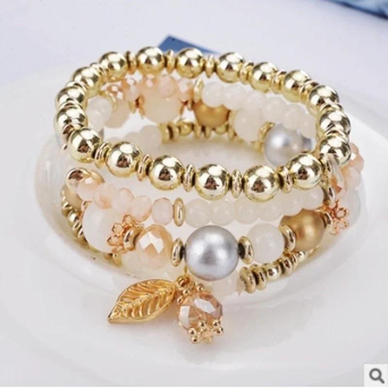 4 Pcs Fashionable and Simple Crystal Bead Pendant with Branches Leaves Versatile Multi-layer Bead Temperament Women's Bracelet