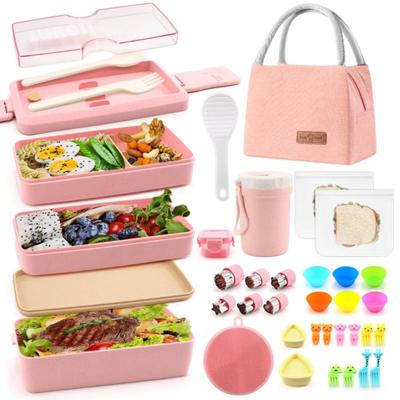 35-teiliges Lunchbox-Set im japanischen Stil 3-stöckig stapelbar mit Fächern Lunchtasche für Teenager und Mädchen Auslaufsichere Bento-Box