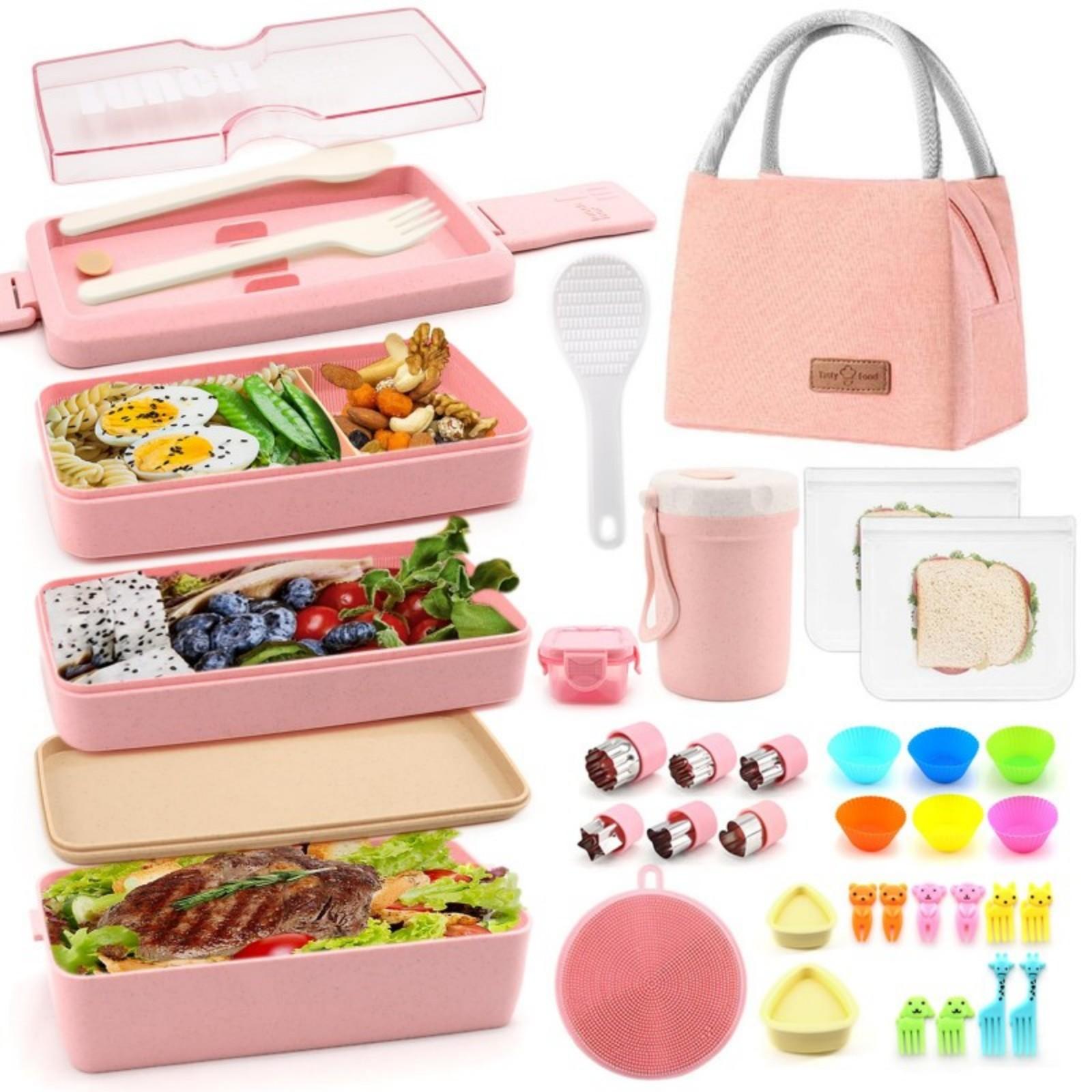 

35-Piece Japanese-Style Lunch Box Set 3-Tier Stackable with Dividers Lunch Bag for Teens and Girls Leak-Proof Bento Box 1000ml&3 розовый