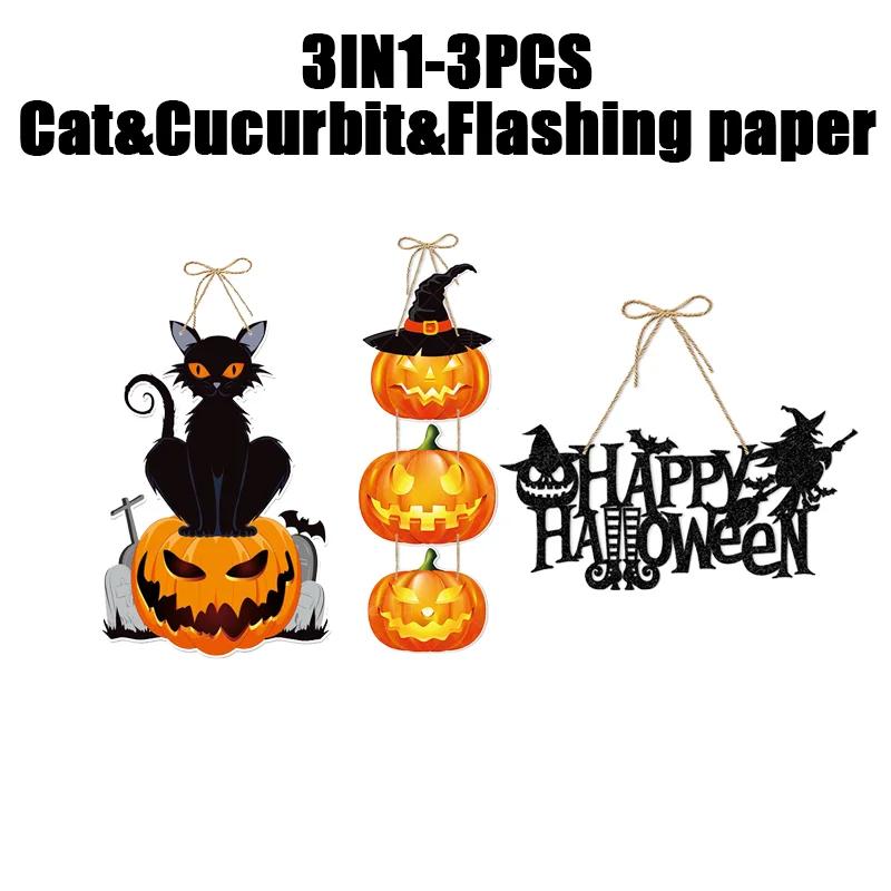 Halloween Ghost Black Cat Pumpkin Door Hanging Sign Decorations Happy Halloween Front Door Hanger Yard Wall Home Decor