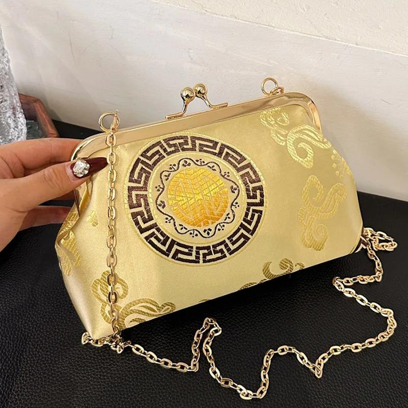 Retro taška přes rameno pro ženy Zlatá výšivka Lock Shell Clip Řetízek Messenger Clutch Zelená Crossbody kabelky