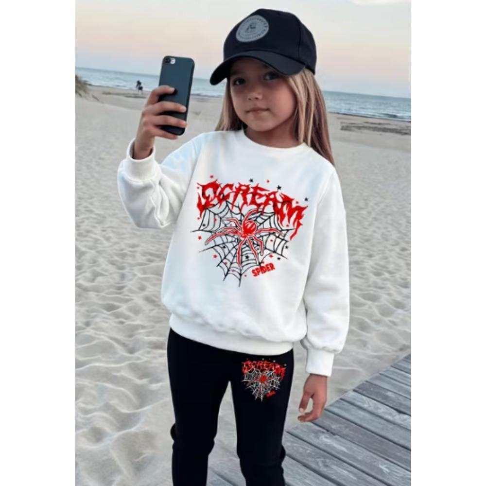 Girls' Cool Spider Casual Comfortable Soft Loose Pullover Sweatshirt and Leggings 2-Piece Set, New Autumn/Winter, Playful, Sweet and Cool Style